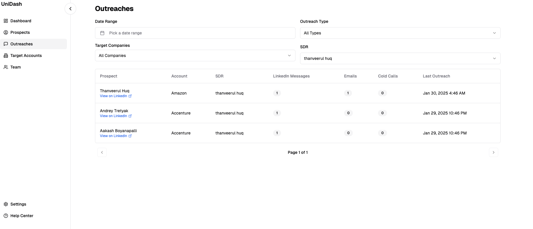 UniDash App Interface